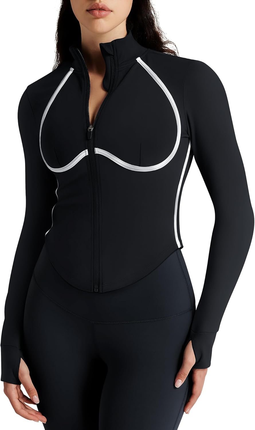 colorskin Women Workout Jacket Cropped Contrast Seam Zip Up Athletic Jacket Yoga Sportswear with Thumb Holes