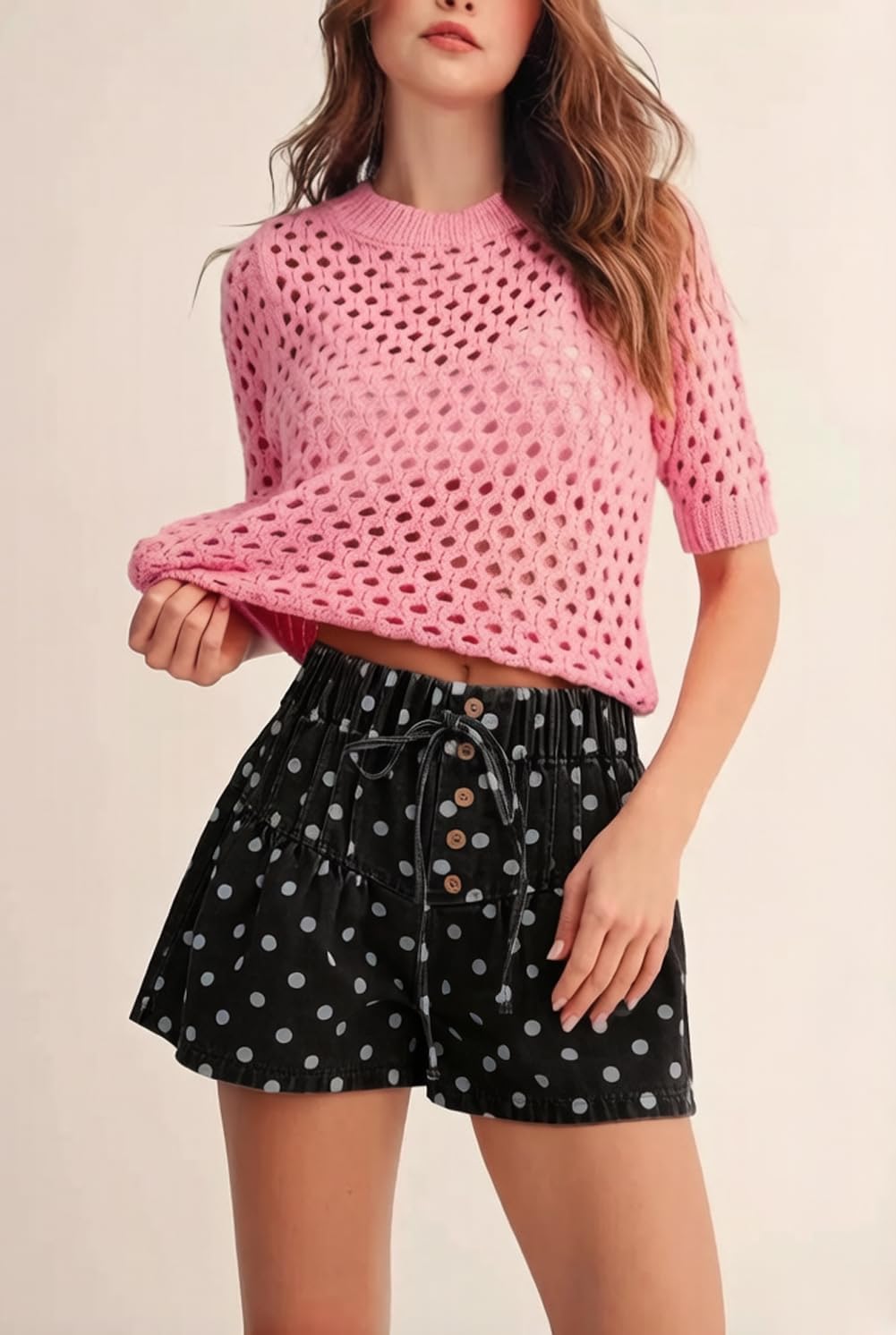 chouyatou Women Summer Polka Dot Jean Shorts High Waisted Cute Floral Elastic Waist Wide Leg Denim Shorts