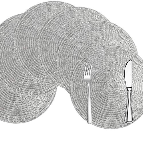 Comius Sharp Tovagliette Rotonde Set di 6 tovagliette in Cotone Lavabili Resistenti al Calore 15 Pollici tovagliette tessute da tavola per tavoli da Cucina (Silver)