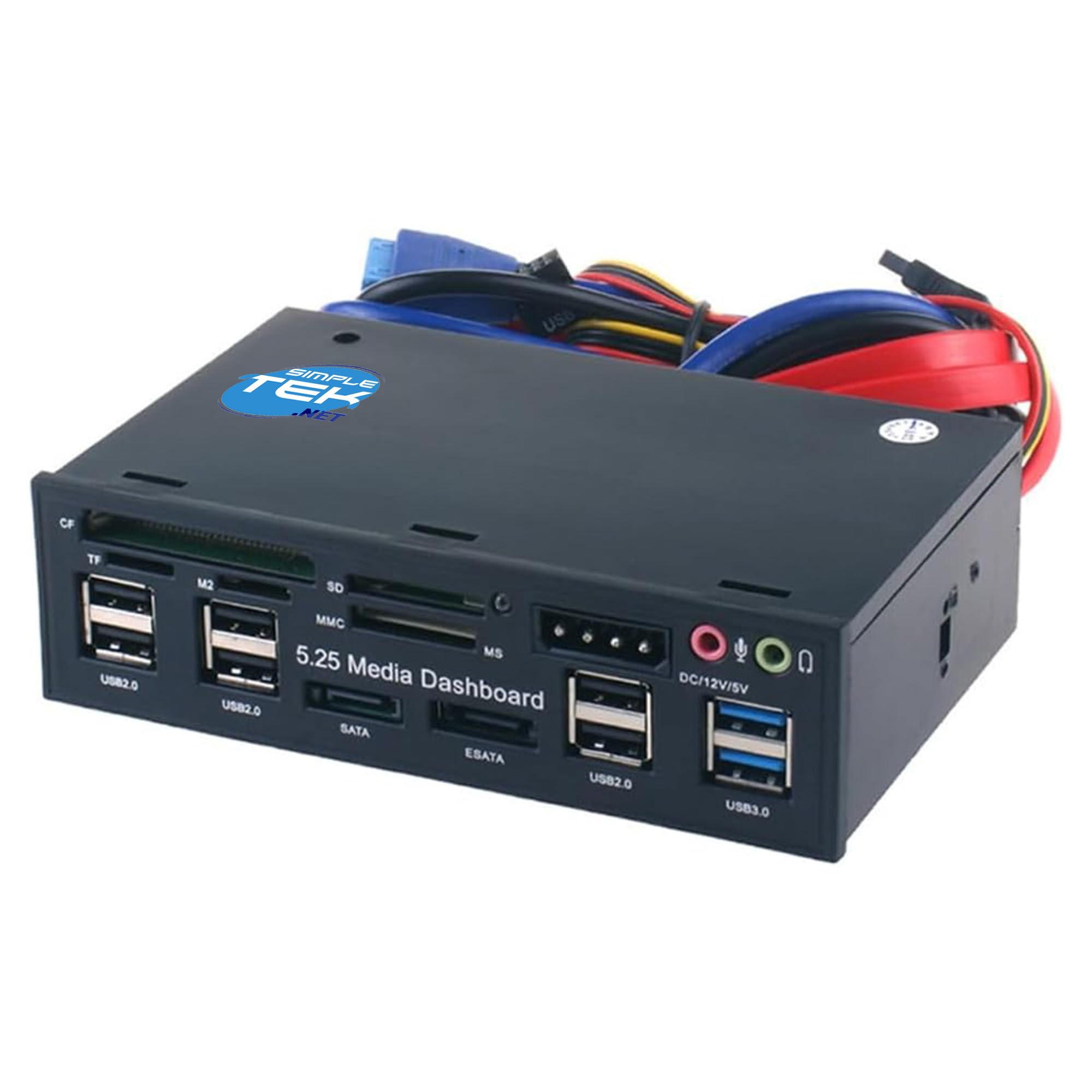 SIMPLETEK - Pannello Media Dashboard 5.25" Multifunzione - Lettore Card 6-in-1 - Hub USB 3.0/2.0 - Porte SATA & eSATA - Uscita DC 12V/5V (Ricondizionato)