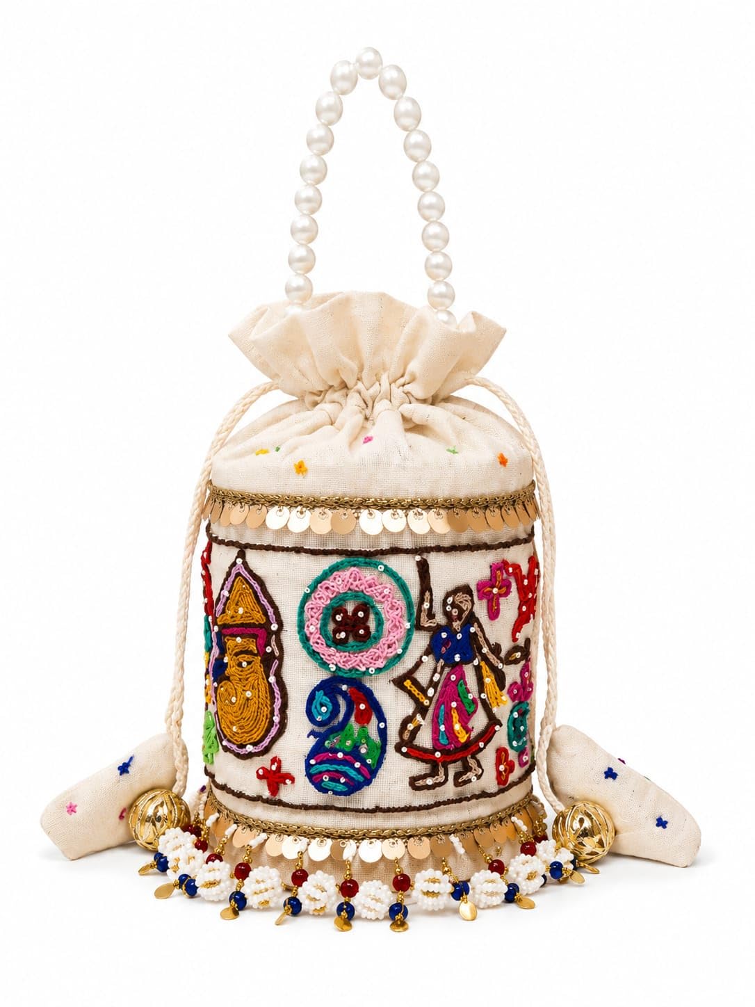 Luxury Ivory Embroidered Potli Bag with Pearl Handle | Designer Ethnic Drawstring Handbag for Wedding, Bridal, Festive, Party & Traditional-image-12