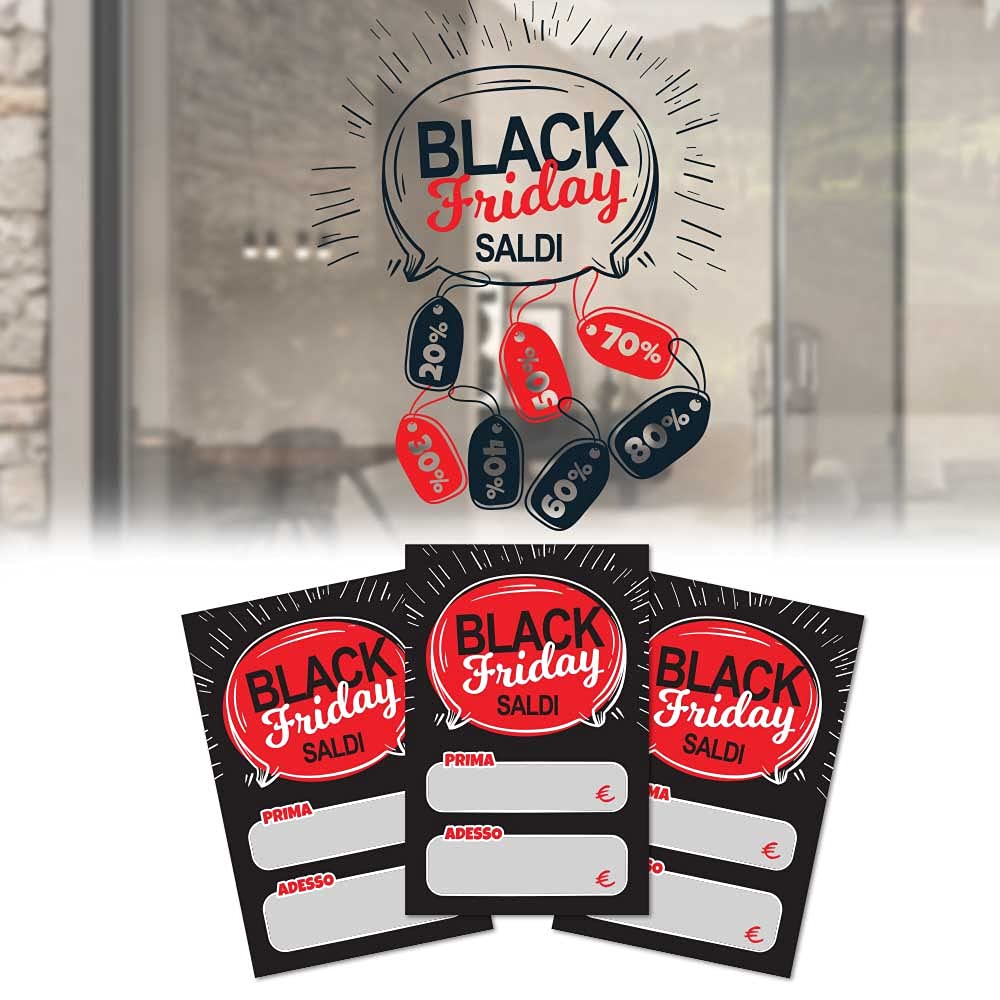 Adesivo Black Friday per vetrine - Vetrofanie saldi con cartellini per sconti - disponibile nel colore bianco o nero con cartellini - kamiustore (Nero/Rosso, 100 cartellini)