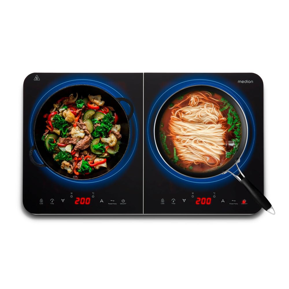 MEDION Placa de inducción doble, 3500 vatios, dos placas de cocción, 10 ajustes de temperatura, pantalla LED, MD18493, negro