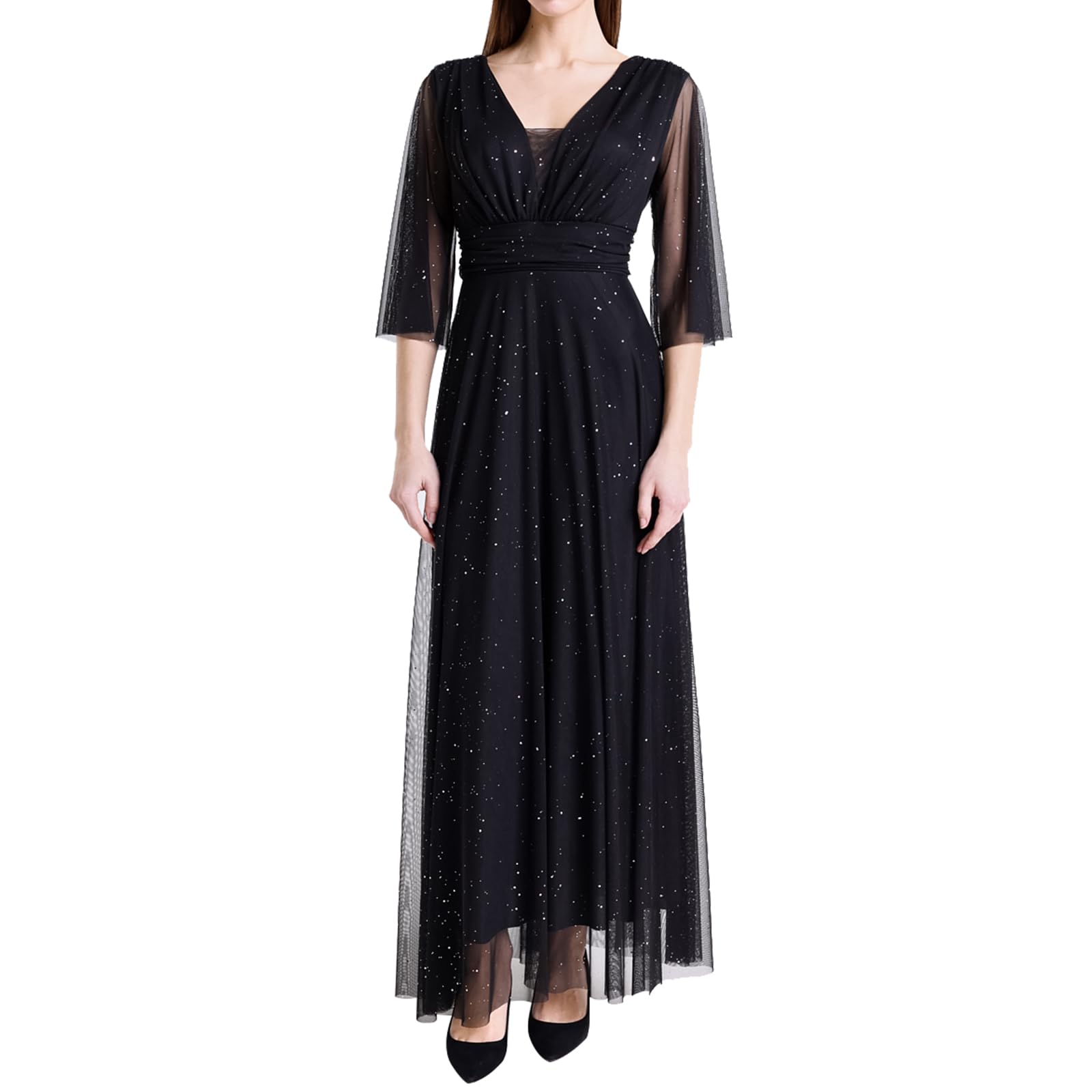 VALORIALUXE Abito Lungo Elegante Donna da Cerimonia Maniche a 3/4 e Scollo a V.Ideale per Matrimoni, Eventi e Feste. – Made in Italy