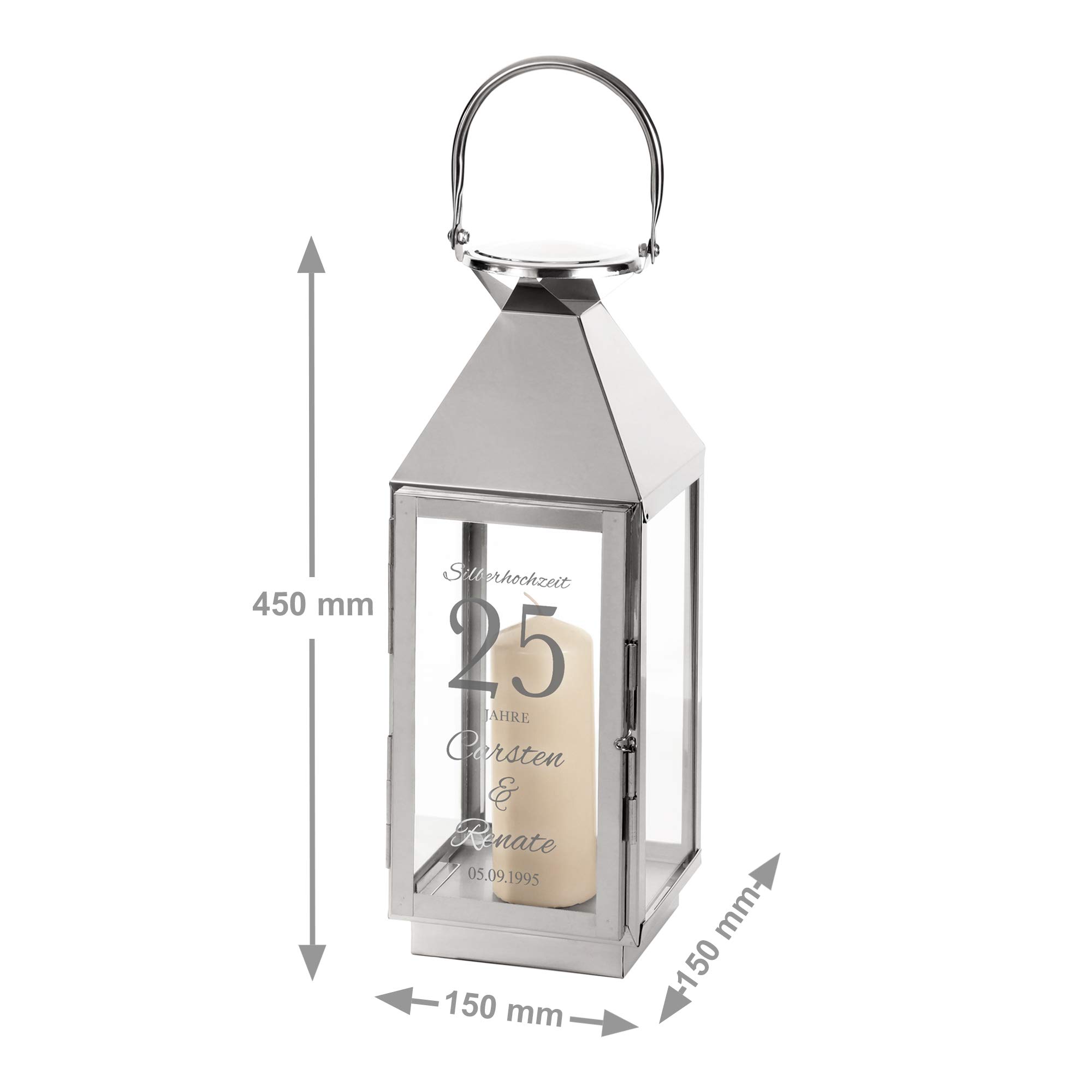 Casa Vivente Laterne aus Edelstahl mit Gravur zur Silbernen Hochzeit, Personalisiert mit Namen und Datum, Dekoration für Haus und Garten, Geschenkidee zum 25. Hochzeitstag