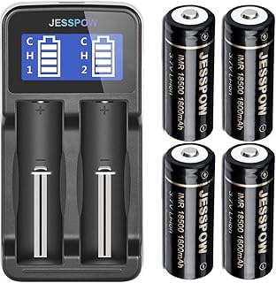 JESSPOW 18500 Rechargeable Batteries 4 Pack with Charger, IMR 18500 Rechargeable Li-ion Battery 1600mAh 3.7V [ for Flashlight, Solar Garden Light ] with Button Top
