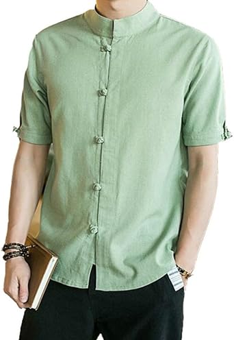 Colygamala Mens Linen Cotton Mandarin Collar Frog-Button Shirt Dress Shirts 4Color Plus Size