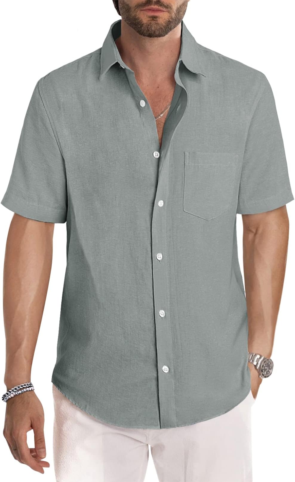 JMIERR Men's Casual Stylish Short Sleeve Button-Up Striped Dress Shirt Cotton Beach Shirts