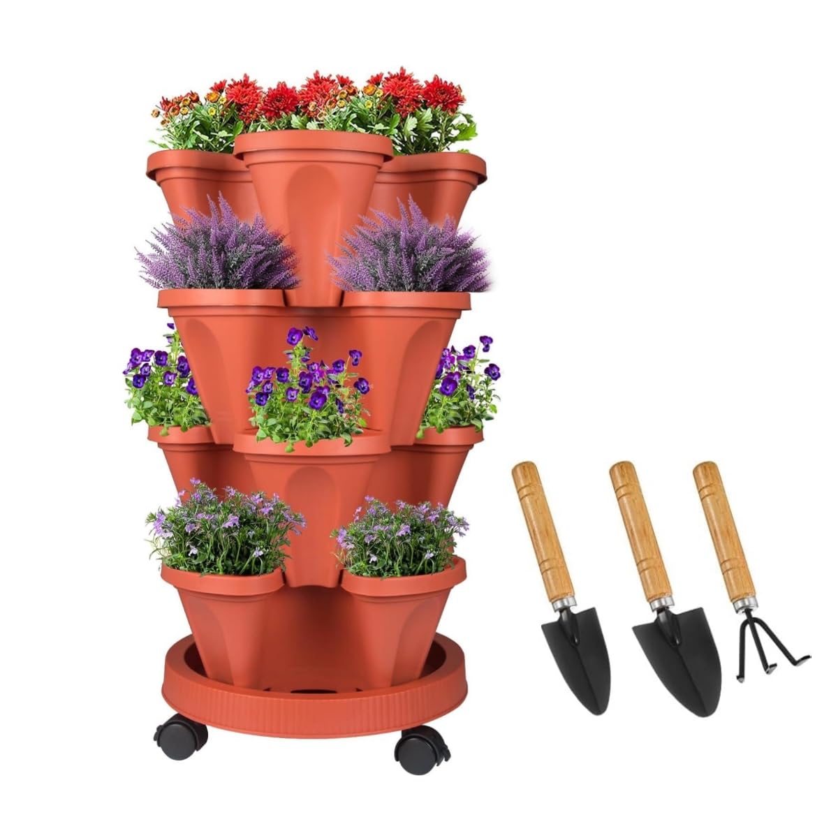 Jardinière empilable, Tour de Jardin Verticale, Ensemble de jardinières Verticales pour Fraises, Herbes, Fleurs (Terracotta, 4 Niveaux)