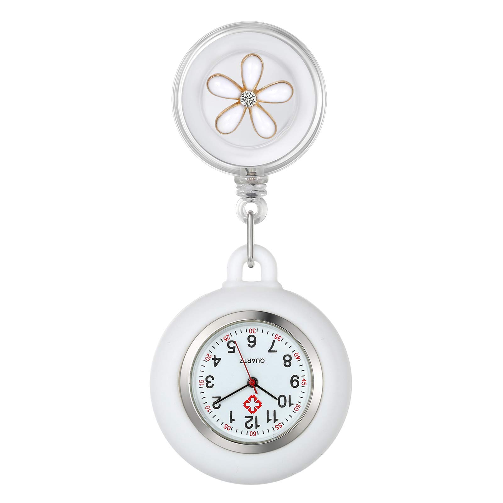 Lapel Watch for Nurses Doctors Clip-on Hanging Nurse Watches Cute Leaves Pattern White Silicone Cover Badge Stethoscope Retractable Fob Watch