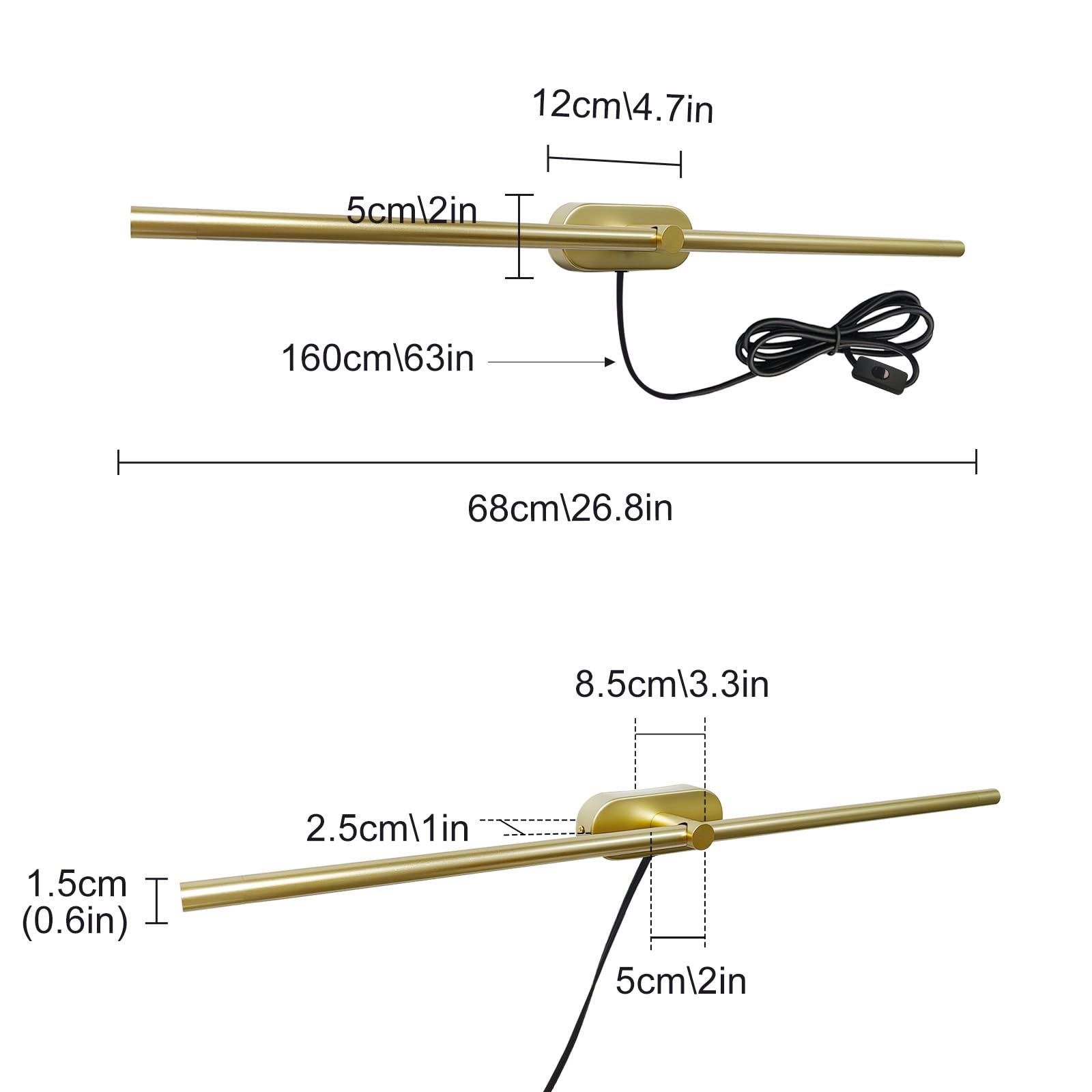 Lampada frontale a specchio a LED con spina, luce lineare per bagno, lampada da specchio per il trucco dorata, lampada da parete minimalista a striscia lunga con interruttore on/off