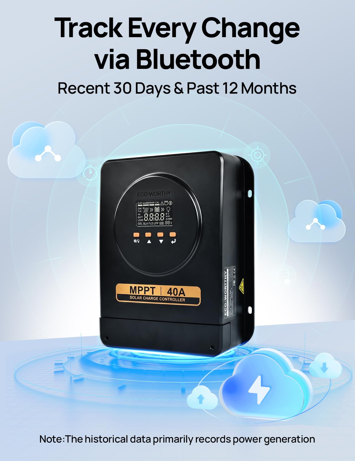 ECO-WORTHY Regolatore di carica MPPT da 40 A, 12 V/24 V, regolatore di carica solare con display LCD, monitor app Bluetooth, efficienza di ricarica del 99% per batteria al litio GEL SLA FLD in camper
