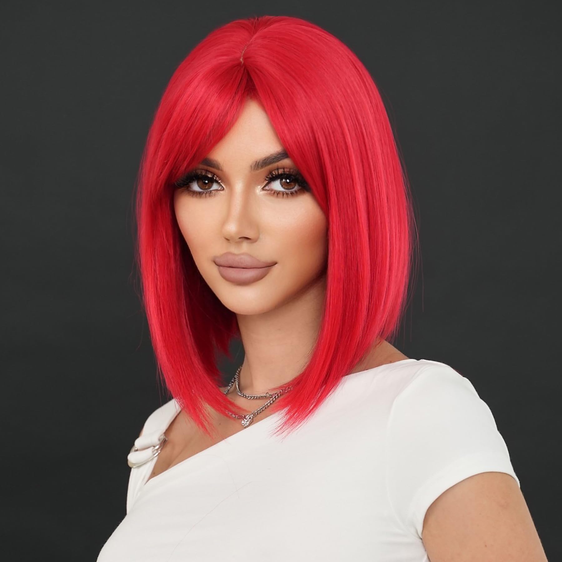 PARK YUN Red Short Straight Bob Wig 14 Inch Red Wig with Side Bang Synthetic Heat Resistant Wig for Women Halloween Cosplay Party Wig for Daily used.
