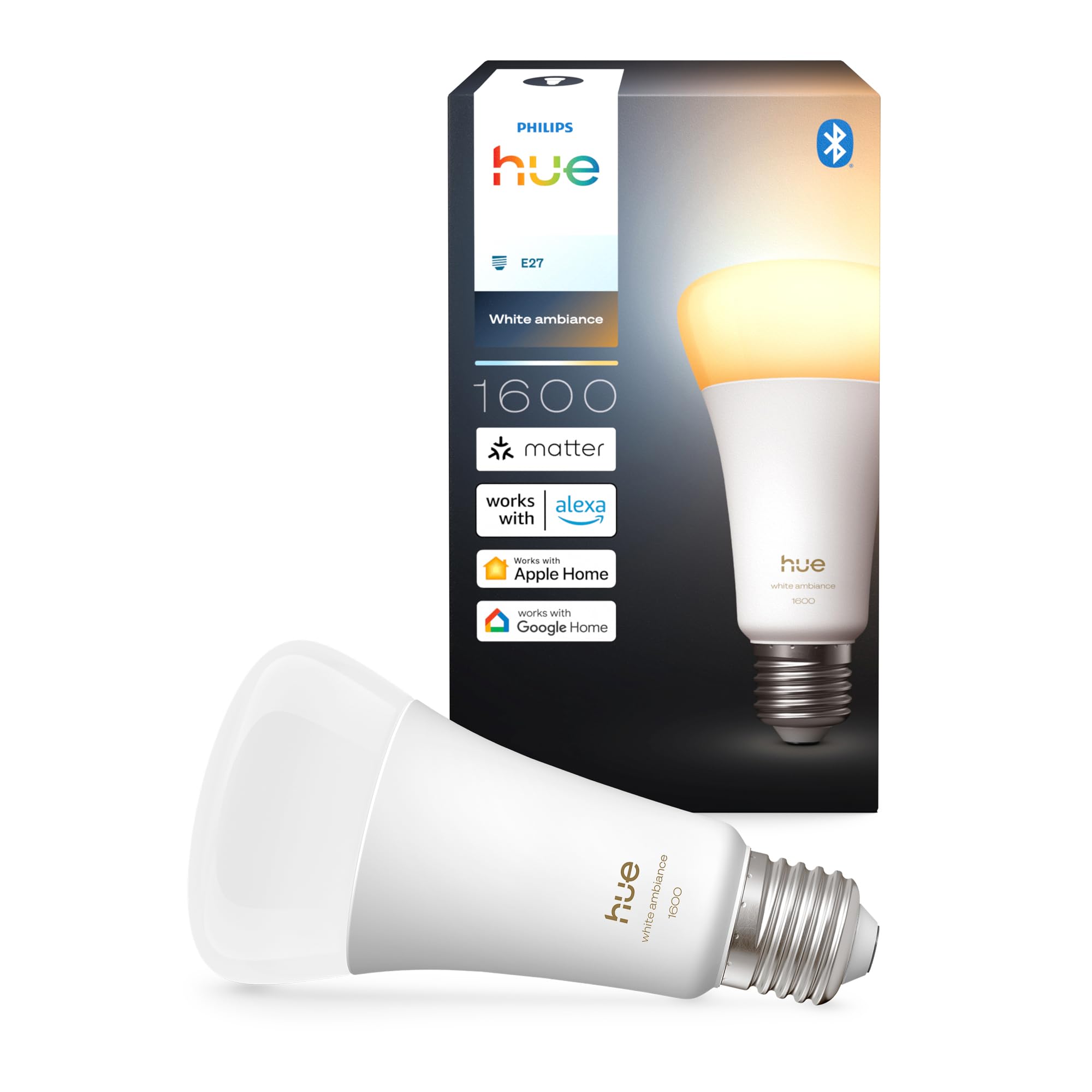 Philips Hue Smart LED A60 Lampe, White Ambiance, LED Leuchtmittel mit E27 Fassung, 8,1W, Vollspektrumlicht 1000K-20000K, 1600 Lumen, dimmbar, smartes Licht kompatibel mit Sprachassistenten, 2er Pack