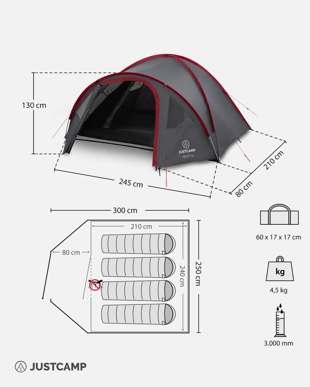 JUSTCAMP Scott Tente Igloo 4 Personnes - Abri de Camping dôme Pliable, moustiquaire - compacte, Premium - 4 Places - Igloo Tent 4 Personne, Tente extérieure - 3 x 2,5 x 1,3 m - 4,5 kg - Gris/Noir