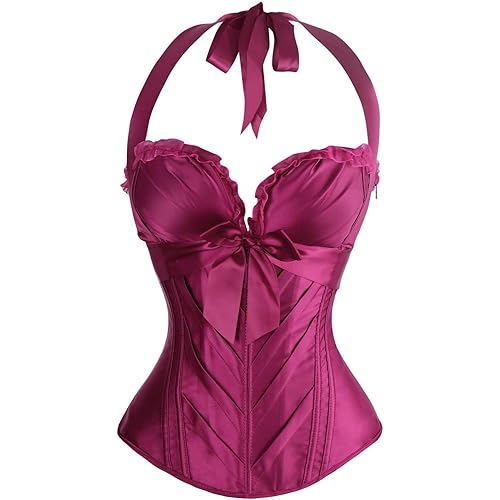 Charmian Women's Burlesque Vintage Satin Halter Boned Zipper Bustier Corset Top