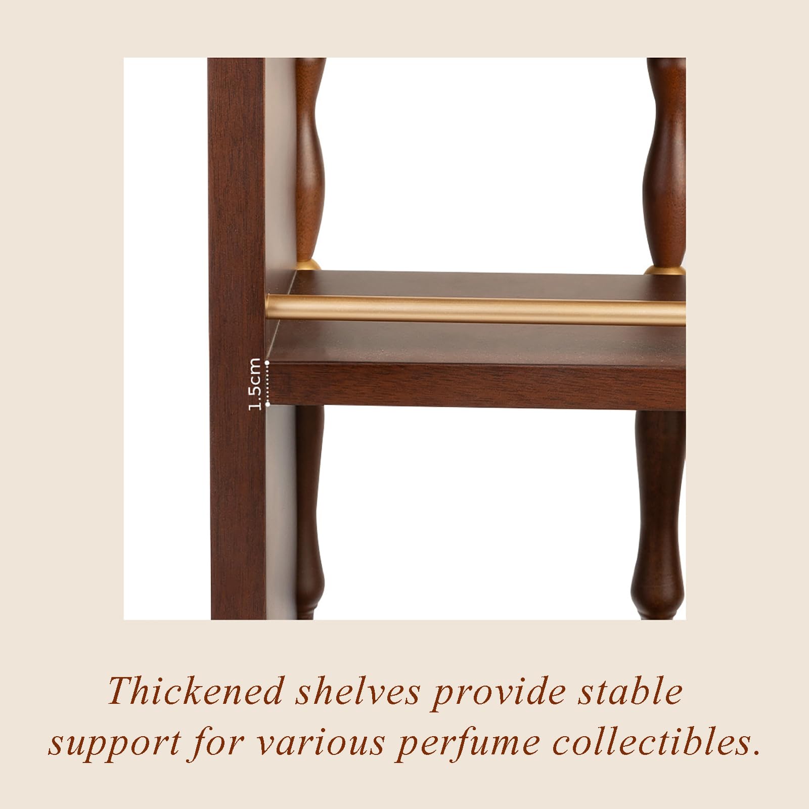 Estante Expositor De Perfumes De Madera Maciza De Melocotón, Organizador De Tocador De Madera De 3 Niveles con Barandillas De Aluminio, Estante De Almacenamiento De Encimera para Perfumes