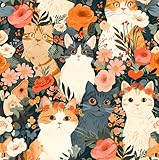 REDAMANCY Cute Dark Grey/Black/Beige Cat Pink Orange Flowers Garden Peel and Stick Wallpaper Stick on Contact Paper Vintage Wall Paper Easy Peel Off for nightstand Drawer Cabinet Renter