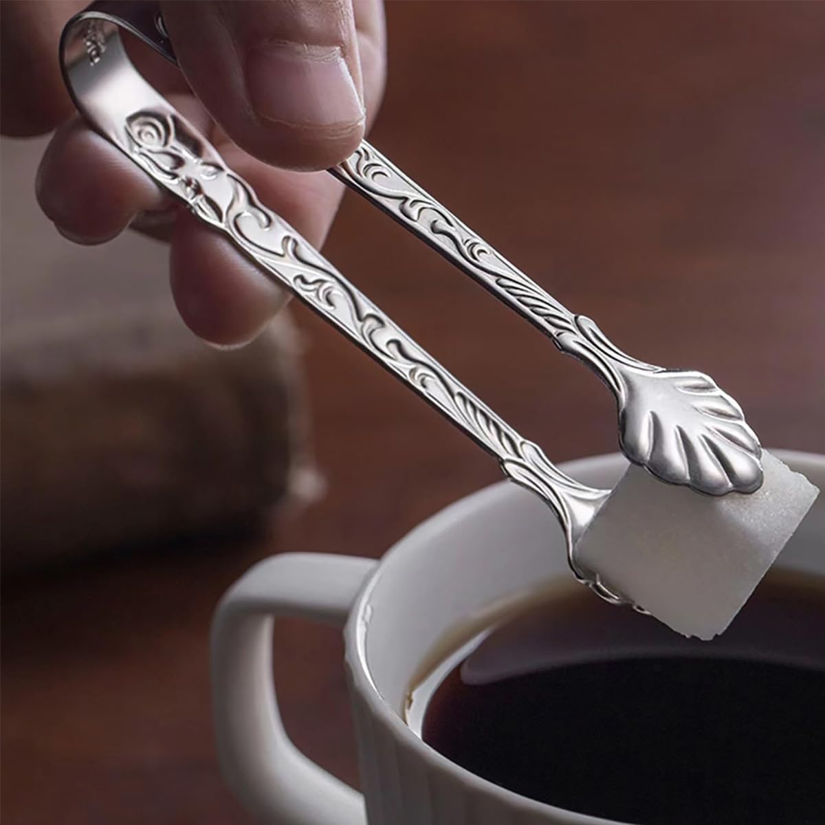 2 pinzas de acero inoxidable con diseño de rosa en forma de U, mini pinzas de hielo para fiesta de té, cafetería, bar (plateado) 5
