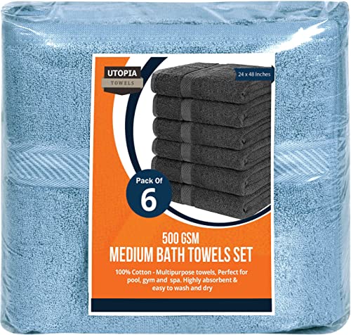 Image of Utopia Towels 6 Pack Medium Bath Towel Set, 24 by 48 Inches, 500 GSM 100% Ring Spun Cotton, Lightweight and Highly Absorbent Quick Drying Premium Towels for Hotel, Spa and Bathroom, Sky Blue