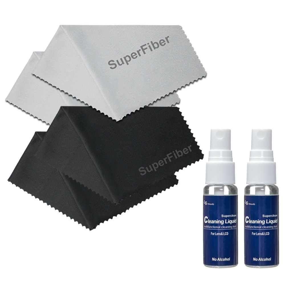 LS Photography (4 pcs) 16" x 16" Gray, Black SuperFiber Lens Cleaning Cloth with Cleaner Bottle, LGG207
