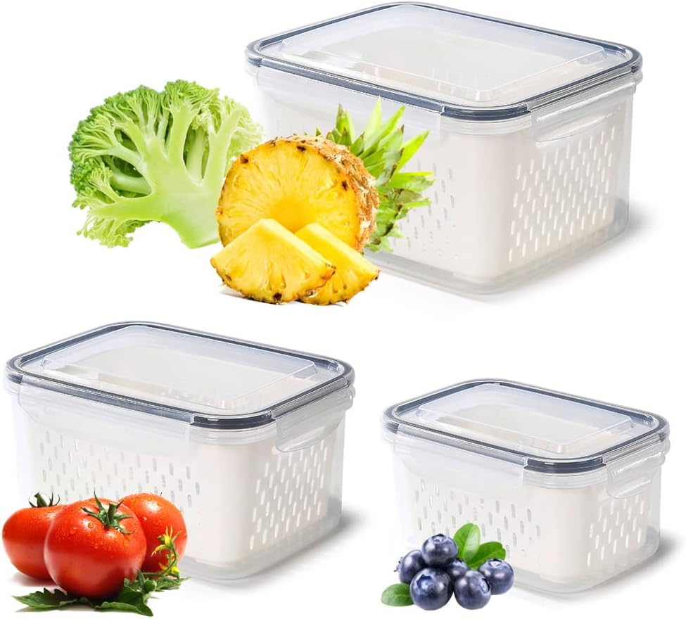 Pack of 3 Fruit Fresh Produce Protector, Grape Container for Fridge, Fruit Saver With Drain Colanders, Partitioned Salad Container, Refrigerator Organizer for Lettuce Berry Food