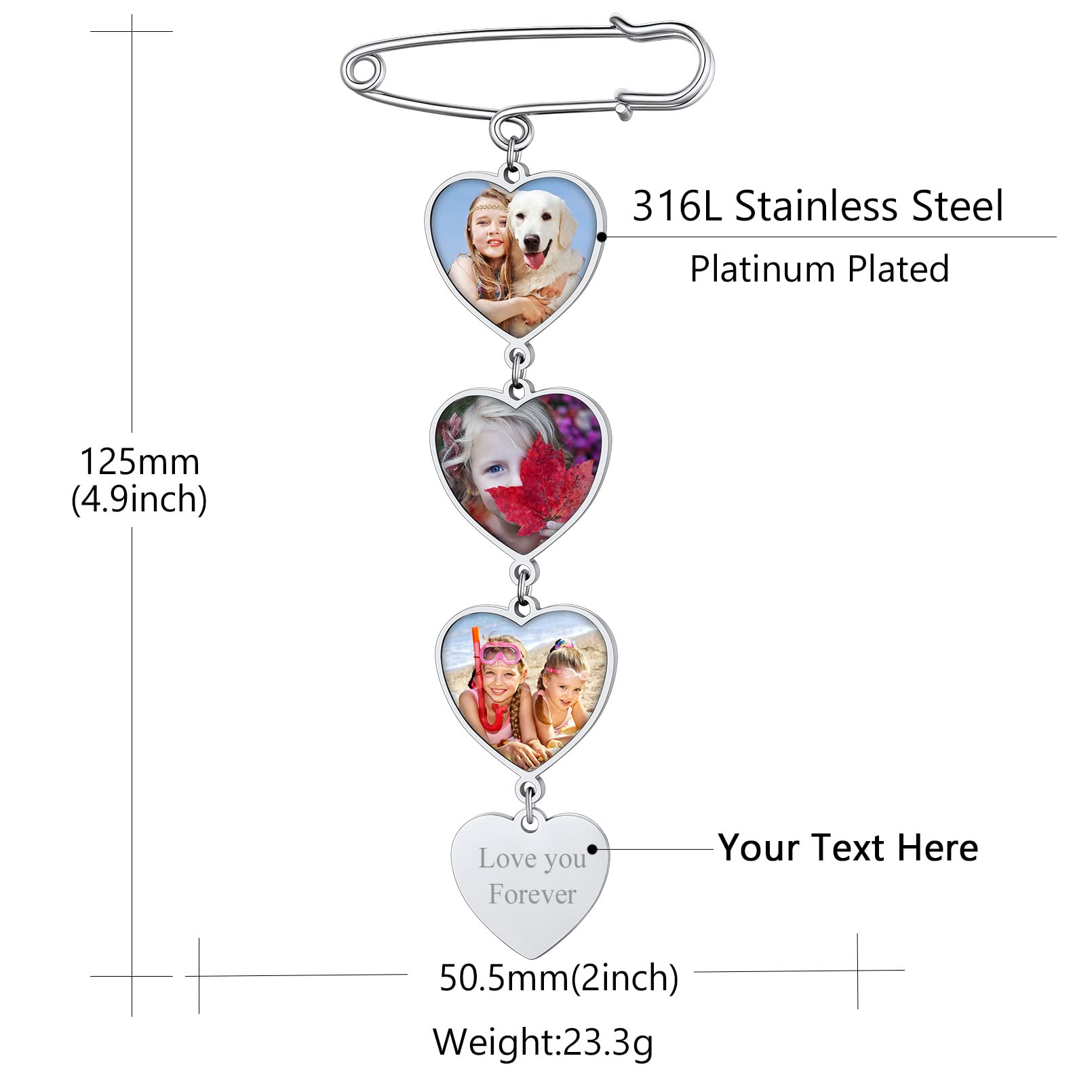 Custom4U Personalisierte Damen Herren Brosche mit 3x Fotoanhänger mit Gravur für Memorial Anhänger Brautstrauß Ansteckblume Bräutigam Edelstahl DIY Anstecker Silber für Hochzeit Weihnachten