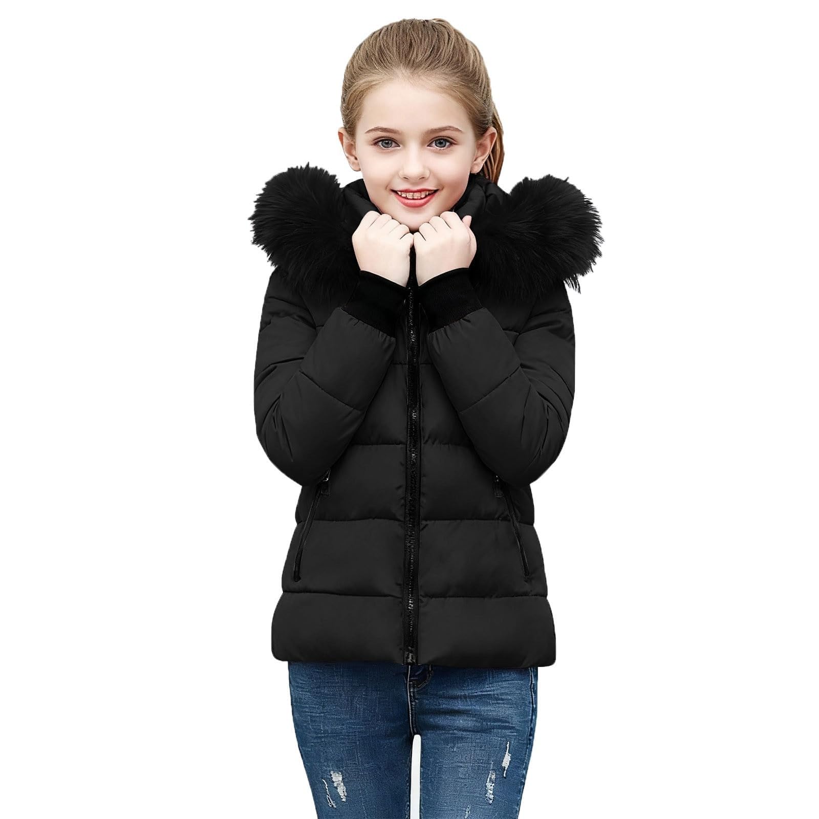 Doudoune d'hiver pour filles en fausse fourrure à capuche chaude et lourde matelassée coupe-vent épaisse à fermeture éclair manteaux parka manteaux d'école décontractés vêtements d'extérieur