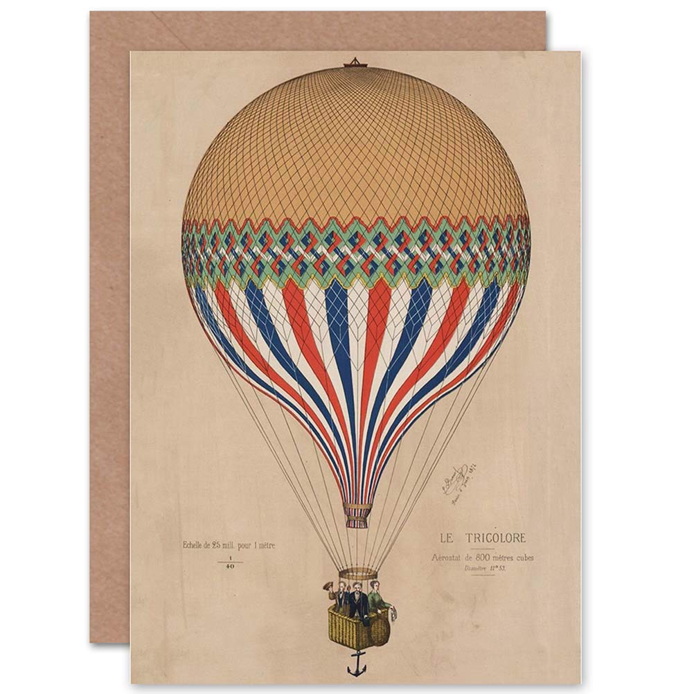 Artery8 Old Hot Air Balloon Tricolore Greeting Card - Brown