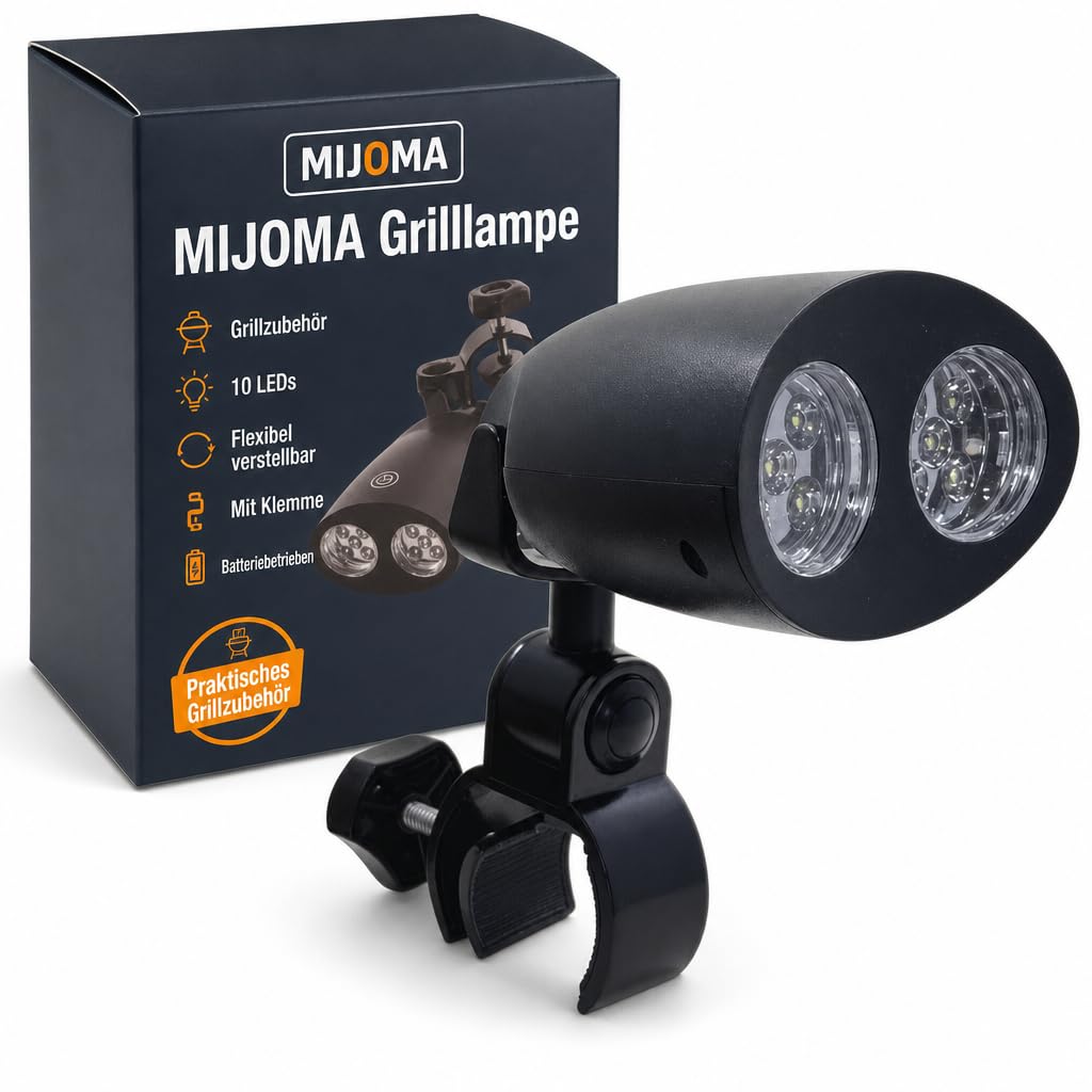 MIJOMA Robuste Grilllampe mit 10 Superhellen LEDs, 180° Flexibler Schwenkmechanismus, Praktische Touch-Schalter Funktion, einfache Anbringung dank C-Klemme - Das zweckmäßige Outdoor Grillzubehör