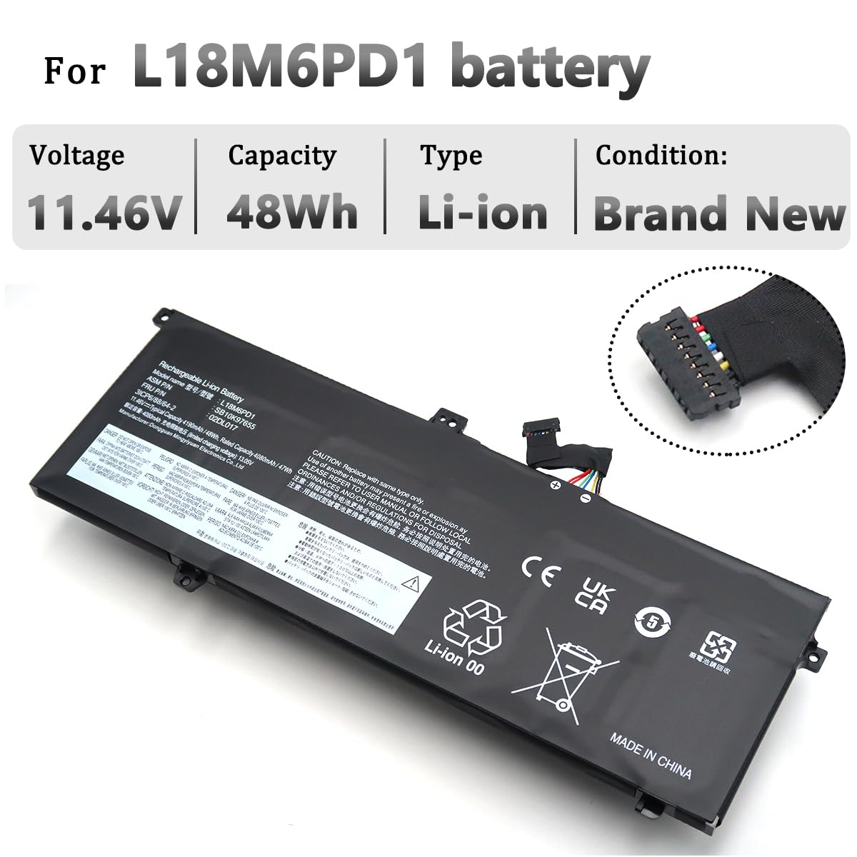 L18M6PD1 L18C6PD1 Batería para Lenovo ThinkPad X13 1st Gen (2020) X390 X395 Series L18D6PD1 L18M6PD2 02DL020 02DL019 02DL018 02DL017 SB10K97658 SB10K97657 SB10K97656 SB10K97655 11.46V 48Wh