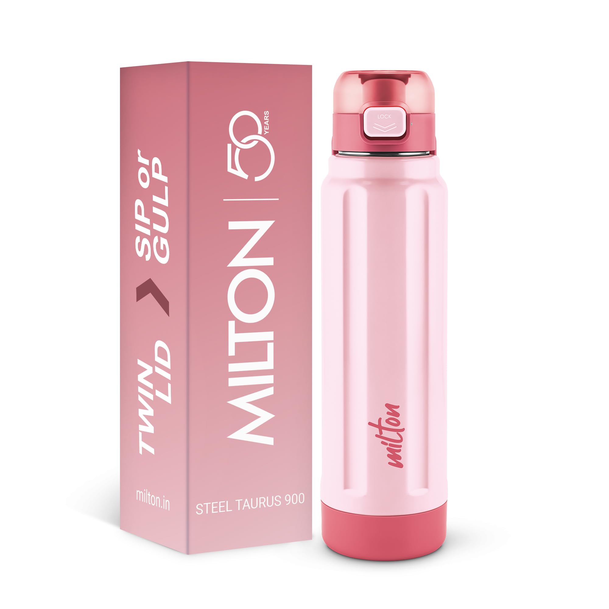 Milton Taurus 900 Steel Thermoware, Inner Stainless Steel, PU Insulated, Leak Proof Water Bottle for School Kids, Office, Gym, Easy to Carry Handle, 665 ml, Light Pink