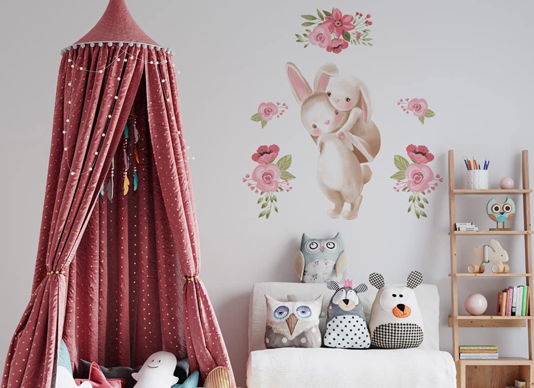 Adesivo da parete con coniglietti con fiori, immagine di bambini, per la cameretta dei bambini, motivo "Osomhome" (163 x 174 cm) os2431