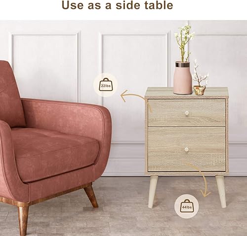 Miniatura 8 de Giantex Mesita de noche con cajones y patas de madera de goma maciza, gran espacio de almacenamiento para dormitorio, sala de estar, pasillo,