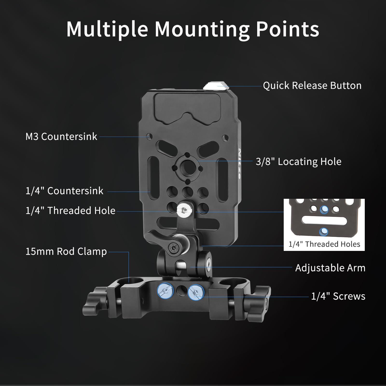 Nitze V Mount Battery Plate con Abrazadera de Varilla de 15 mm y Brazo Ajustable, V Mount Placa de Batería con Múltiples Roscas 1/4 "y 3/8", V Lock Plate Aluminum Alloy para Camera Battery - N21-A3