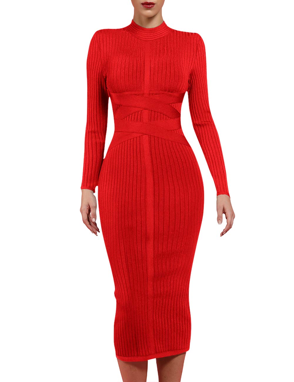 whoinshopWomen's Cross Strap Ribbed Bandage Long Sleeve Midi Fall Winter Bodycon Party Dress