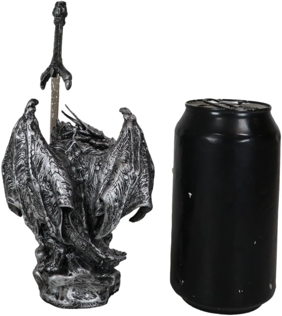 Ebros Gift Legendary Silver Armored Dragon Holding Blue Orb and Draconian Sword Letter Opener Figurine Sculpture Home and Office Decorative Sculpture Medieval Dungeons and Dragons Fantasy