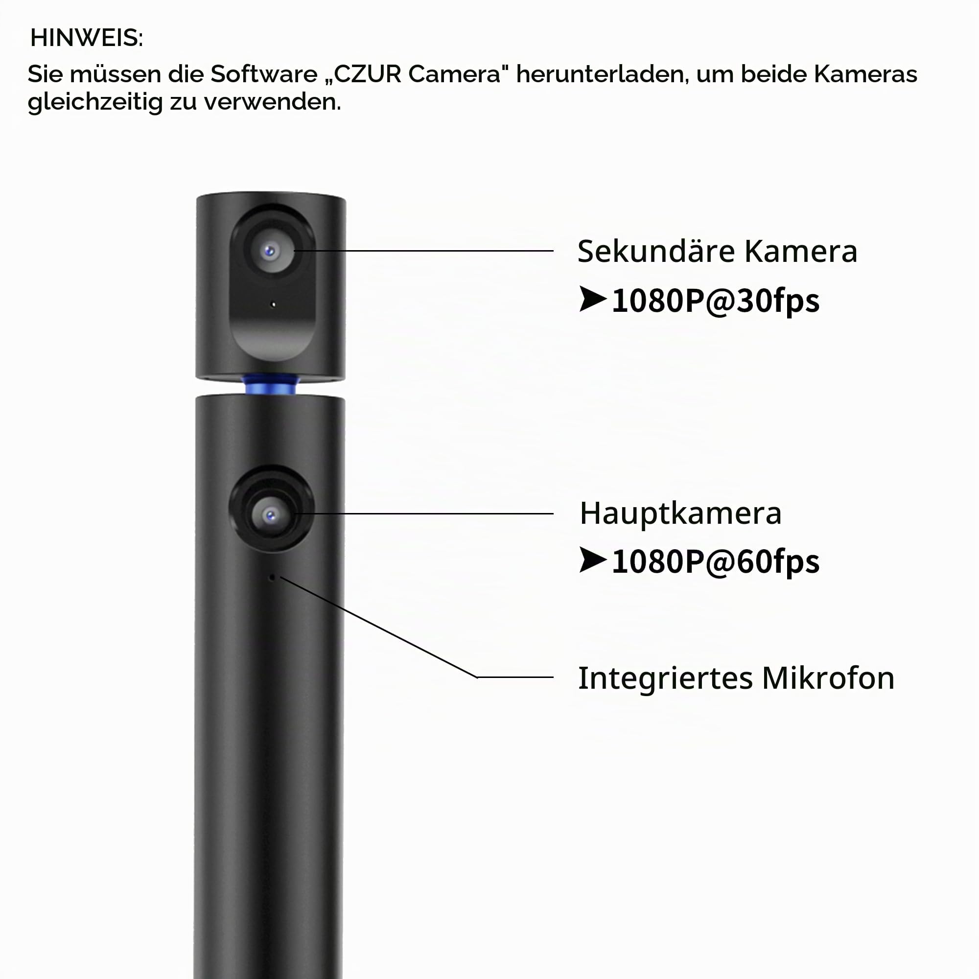 CZUR Halo Dual Webcam 180° Drehbare, 1080P Kamera mit Mikrofon Streamcam Videokamera 90° Sichtfeld Camera für PC, Computerkamera, Plug and Play, für Zoom/Skype/Teams/Hangouts