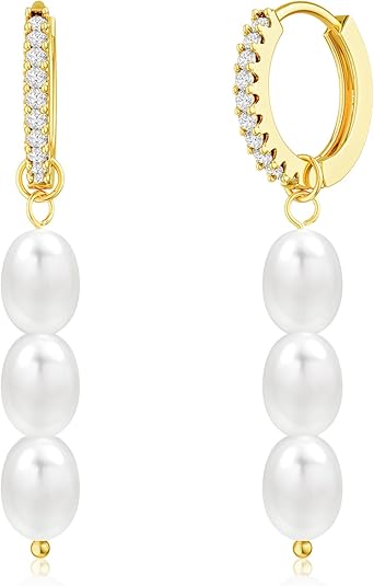 MBW Gold Pearl Dangle Earrings for Women Trendy, Dainty 14K Gold Plated Hoop Earrings Cute Pearl Drop Simple Cubic Zirconia Hoops Hypoallergenic Waterproof Gold Jewelry Gifts for Women