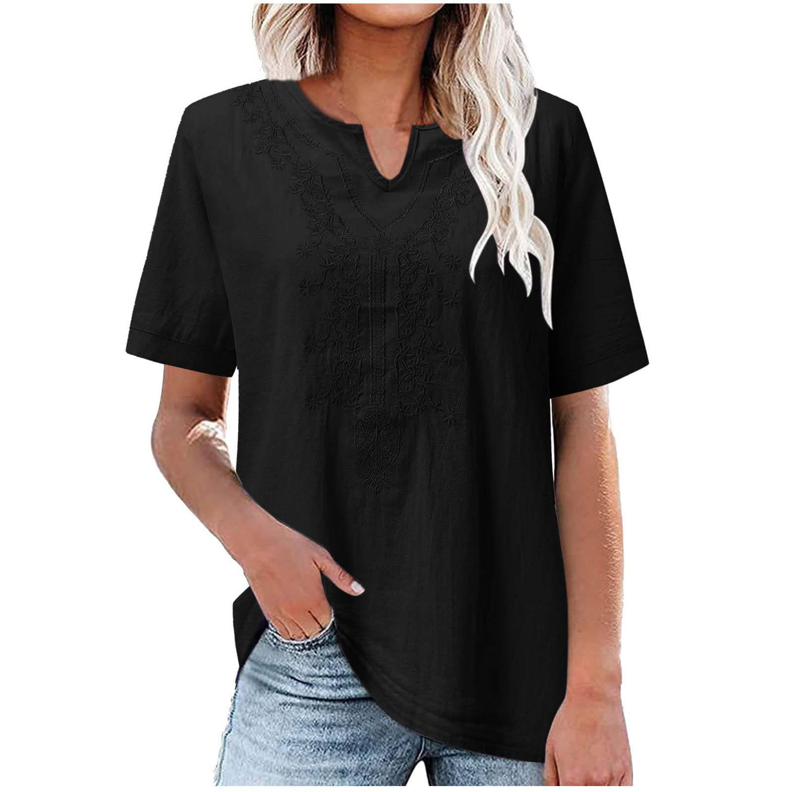 Women's Embroidered Blouse Cotton Linen Short Sleeve Peasant Boho Tunic Tops Casual Notch V Neck Loose Fit T-Shirts