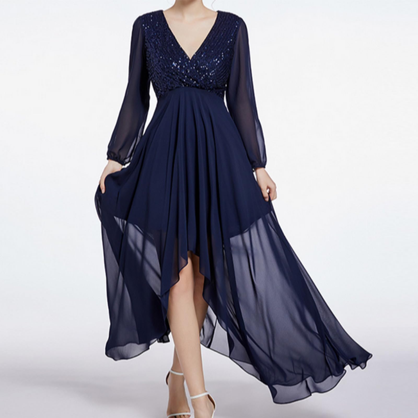 HAOLEI Vestito Paillettes Donna Lungo Maniche Lunghe Scollo a V Abito da Cerimonia Sexy Elegante Cocktail Abito Capodanno Curvy da Sposa Vestiti Taglie Forti Invernale Vestito da Sera Abiti Vintage