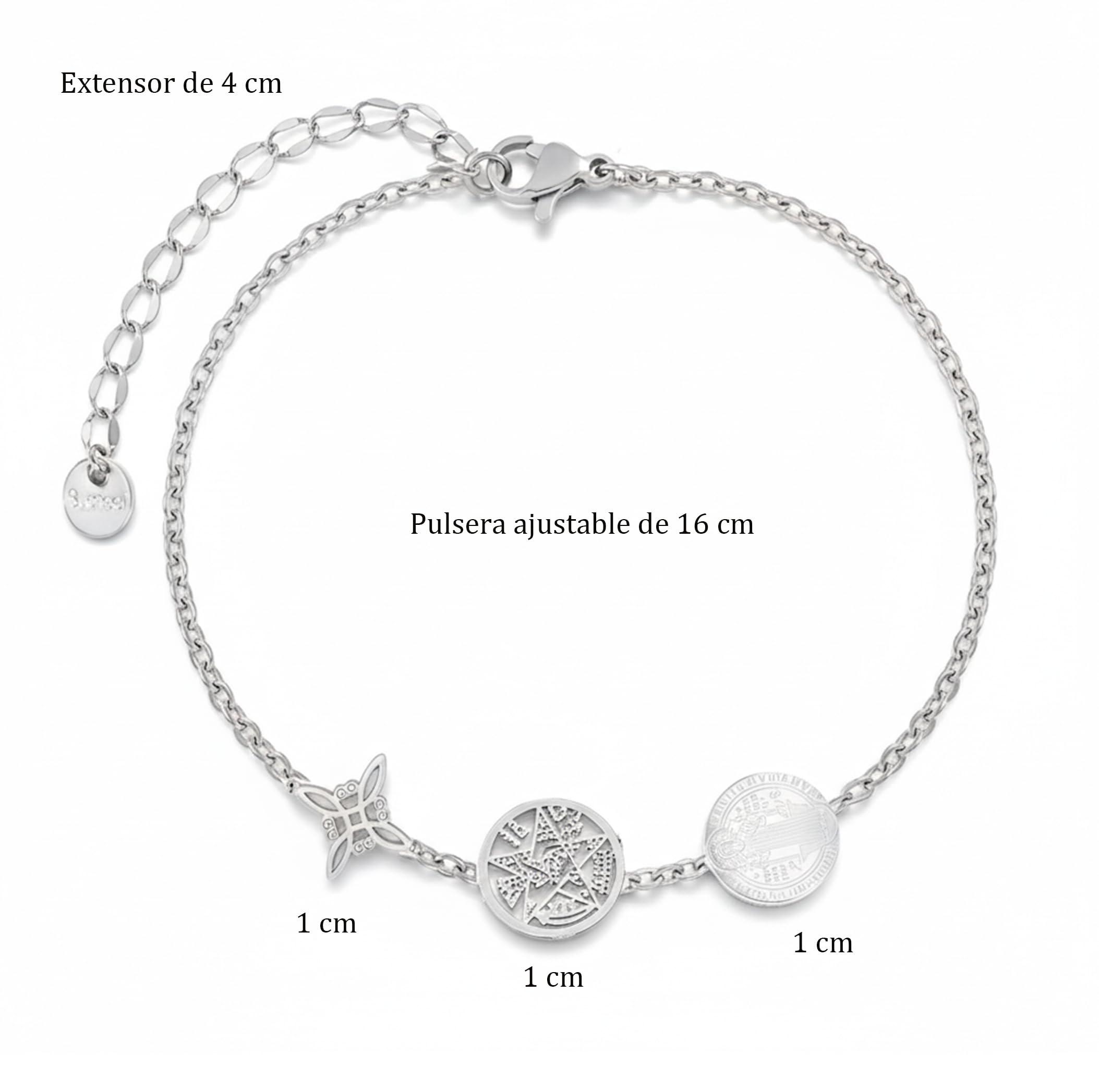 Only faith Pulsera Triple Protección con Nudo de bruja, Tetragramaton y Medalla de San Benito, Acero Inoxidable 316L, 17cm Ajustable, Cadena 1mm, Amuleto Esotérico, Dorado y Plateado