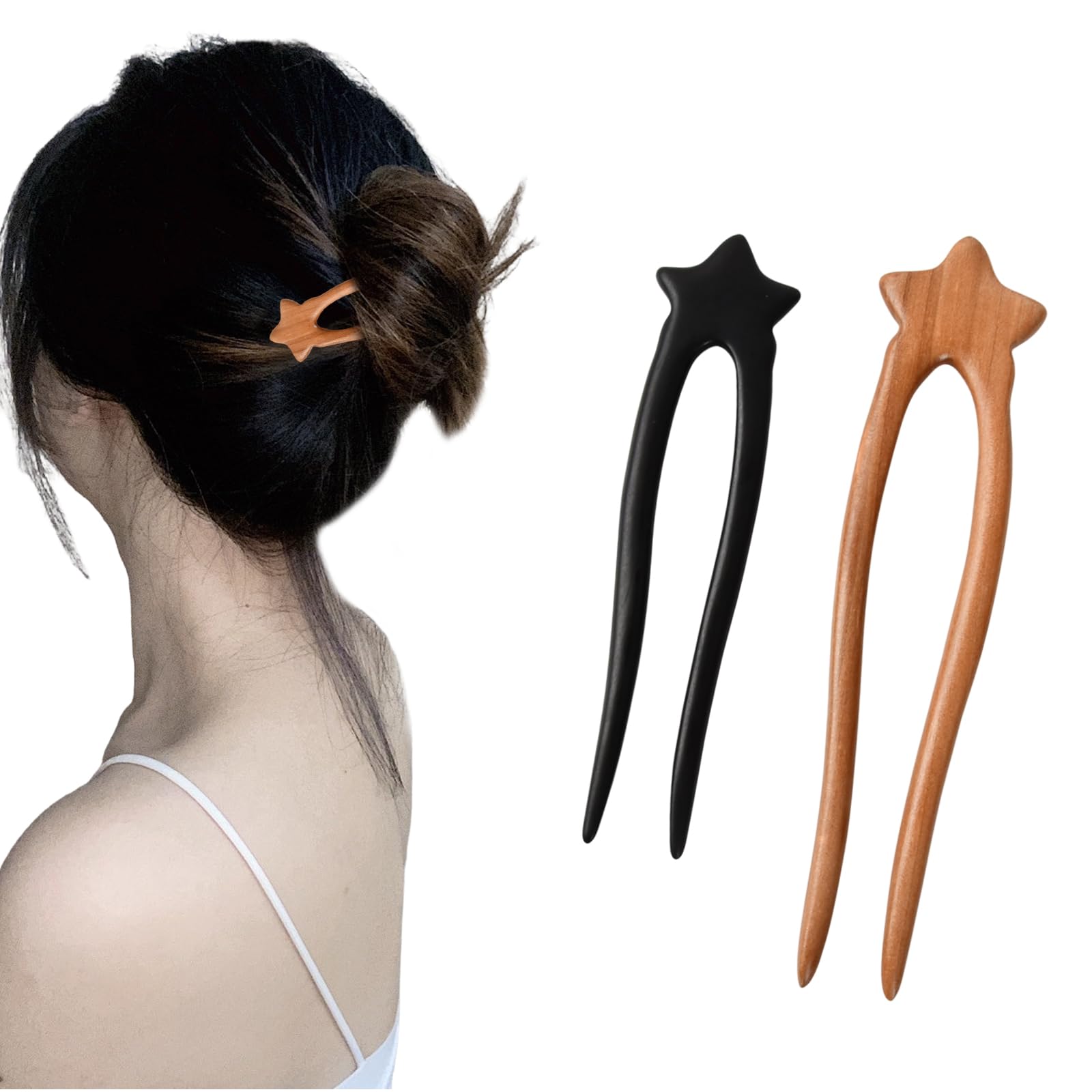 2 Stück U-Förmige Haargabel, Sandelholz Haarnadeln, Holzhaarstöcke für Hochsteckfrisuren, Französischer Stil Haarstäbchen Gabel, Retro Haar Chignon Stifte für Mädchen Frauen (Stern)