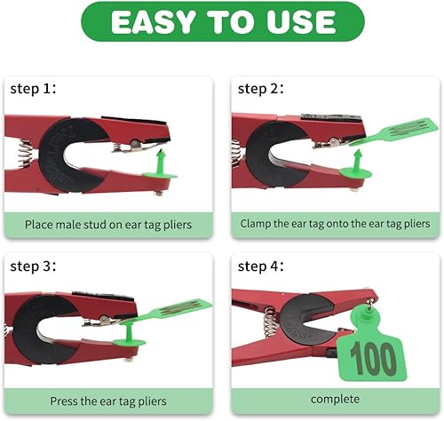 Miniatura 3 de Etiqueta de oreja de cerdo con alicates para ovejas de cerdo con kit perforador número 001-100 (verde)