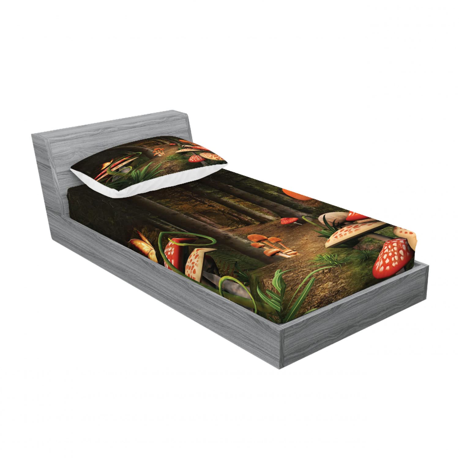 Ambesonne Nature 2 Pack Fitted Sheet & Pillow Sham Set, Mushrooms Dark Forest, 4 Pcs Bedding Decor, Package Contains 2 Twin Size Fitted Sheets & 2 Pillow Covers, Pomegranate Green