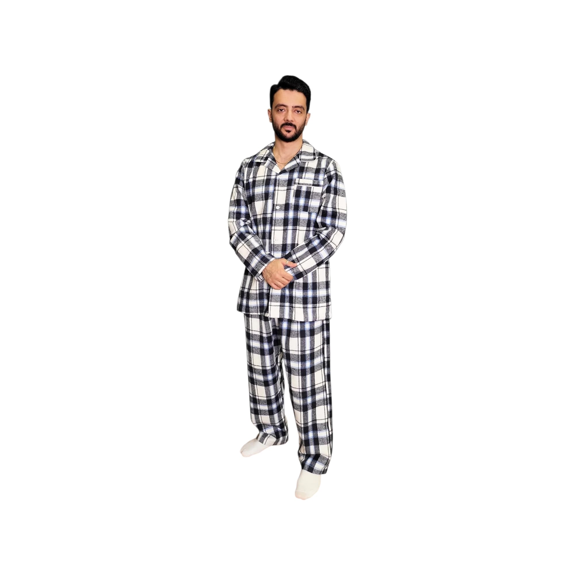 Premium Flannel Nightsuit for Men, Checkered Print, Lapel Collar, Regular Fit, Slip-on Pyjamas-image-19