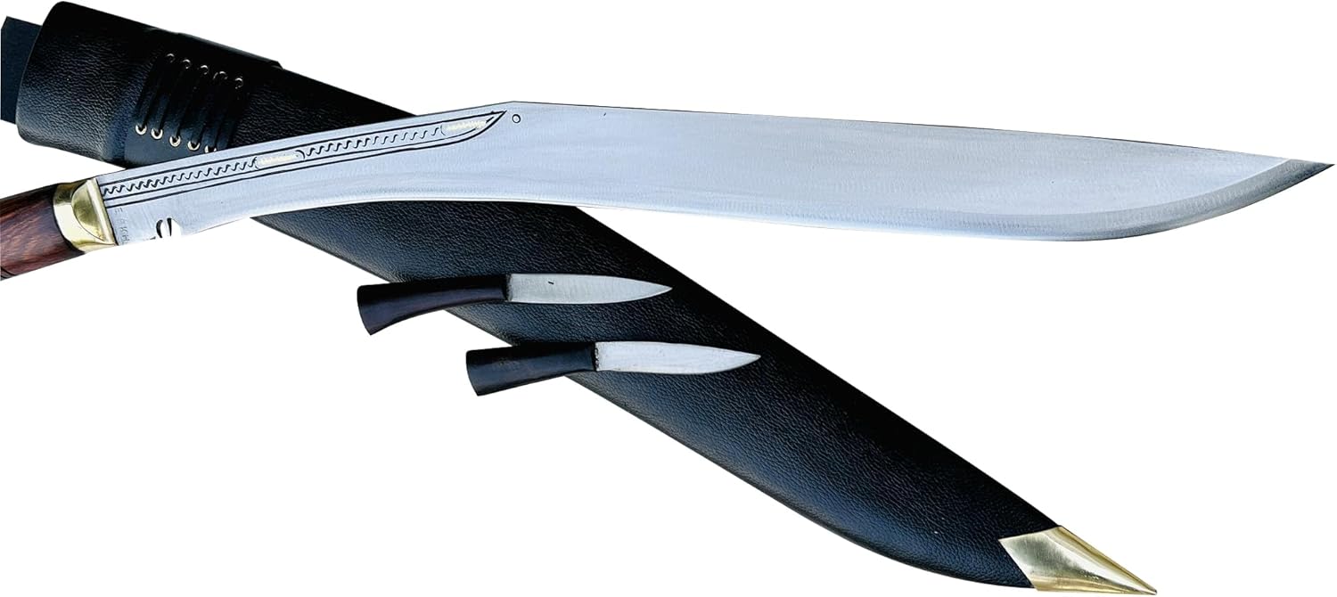 22" Sirupate Kukri - Authentic Hand Forged Blade Large Khukuri - Camping Survival Knife - High Carbon Steel Blade from Nepal - Tempered - Sharp - Rosewood Handle - Water Buffalo Leather Sheath