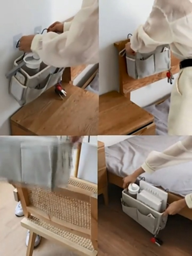 Portaoggetti Appeso Con 3 Tasche - Organizzatore In Lino E Cotone Per Casa E Ufficio, Grigio/Verde/Khaki - Foto 13