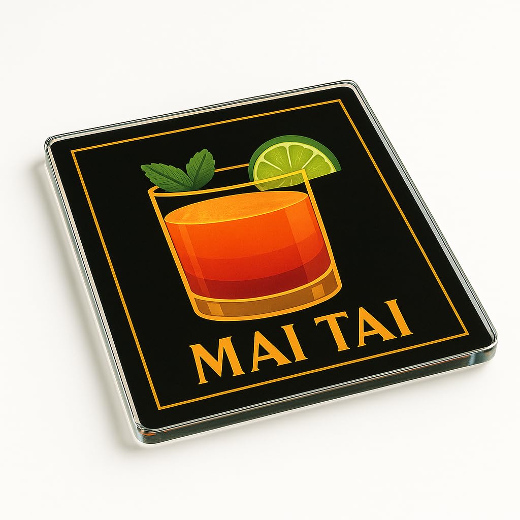 The Plum Penguin Mai Tai Classic Cocktail Crylic Coaster Gift - Tropical Art Deco Glow Design For Classy Cocktail Lounge Decor