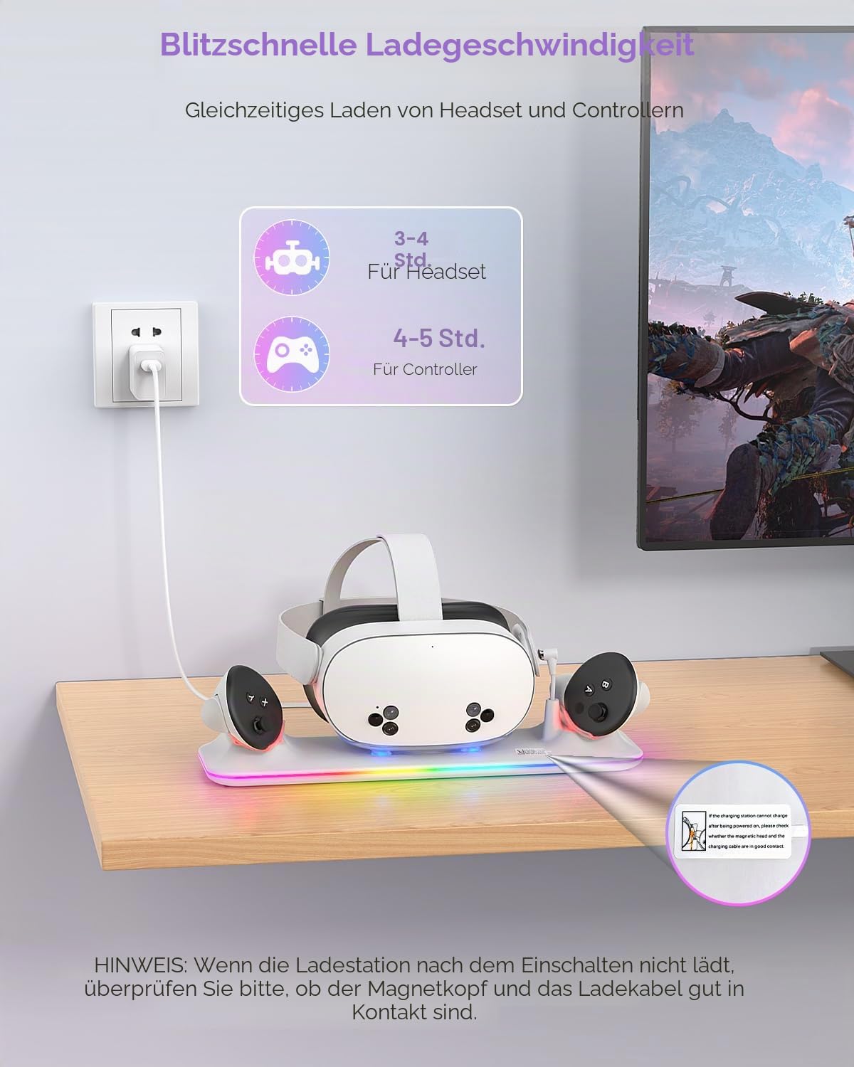 Ladestation für Meta Quest 3S/3, Kinwin Magnetische Ladestation für Oculus Quest 3S/3 Zubehör mit RGB Licht, Ladeständer für VR Headset und Controller mit 2 wiederaufladbaren Akkus